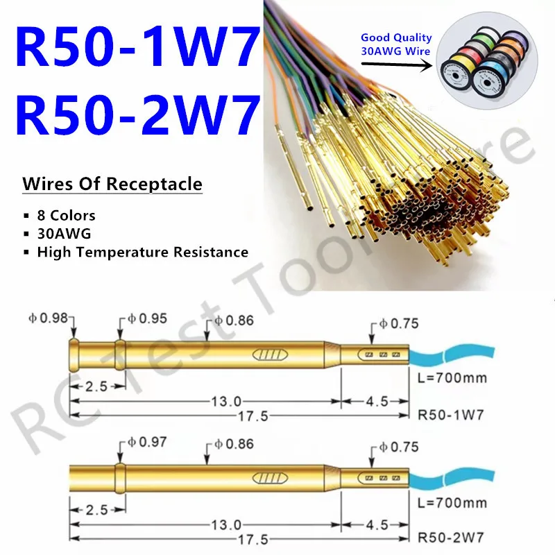 Cavo resistente ad alta temperatura precablato Pin del Pogo del pwb dello zoccolo della sonda della prova della molla di lunghezza 17.5mm R50-2W7