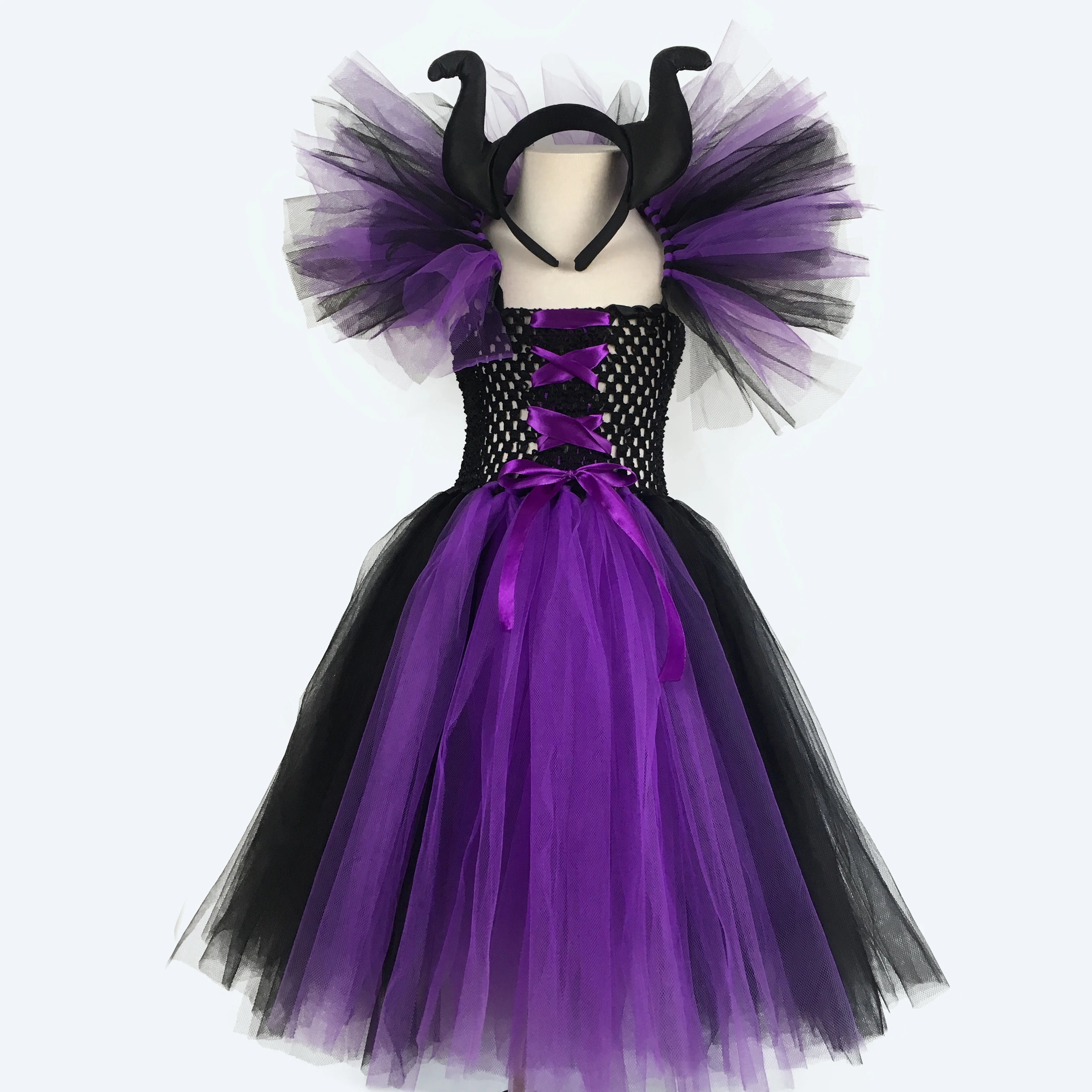 1-9Y Girls Black Purple Maleficent Witch Tutu Dress Kids Crochet Dress Ball Gown with Headband Children Halloween Costume Dress