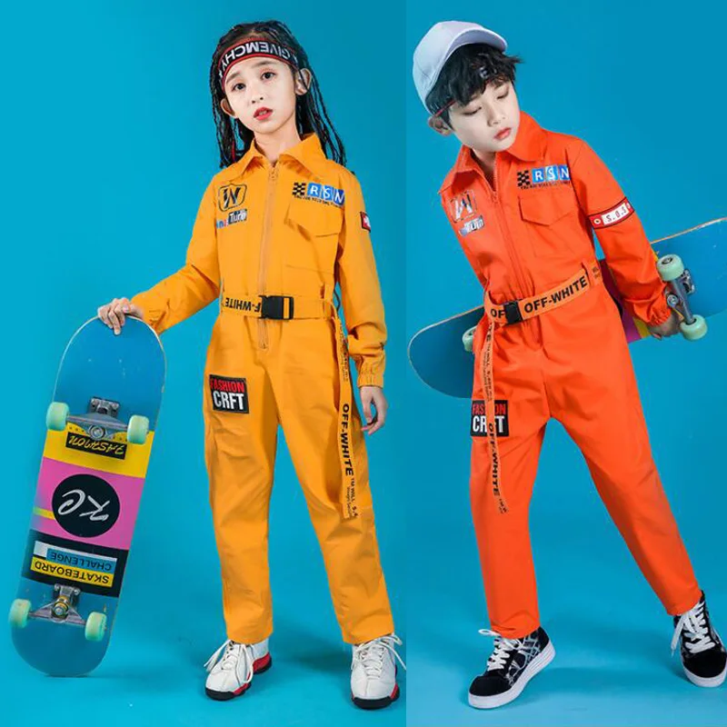 Kids Long Sleeve Hip Hop Clothing Blue Red Loose Jumpsuit Overalls for Girls Boys Jazz Dance Costumes Dancing Clothes Wear