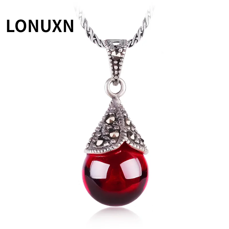 High Quality 925 Sterling Silver Necklace Drop Shape Red Garnet Retro Beads Pendant with Chain Natural Stones Lovers Cute Gift