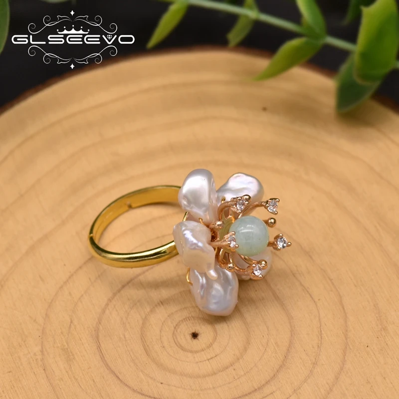 GLSEEVO Natural Baroque Pearl Rings For Women Wedding Engagement 925 Silver Flower Ring Luxury Handmade Fine Jewellery GR0266A