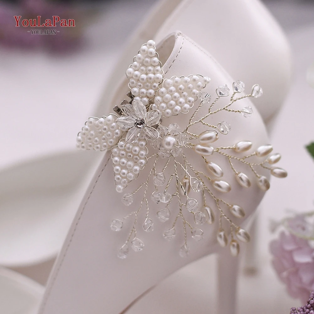 YouLaPan-Pinzas para zapatos con perlas y diamantes de imitación, accesorio decorativo con flores, para boda, 1 par