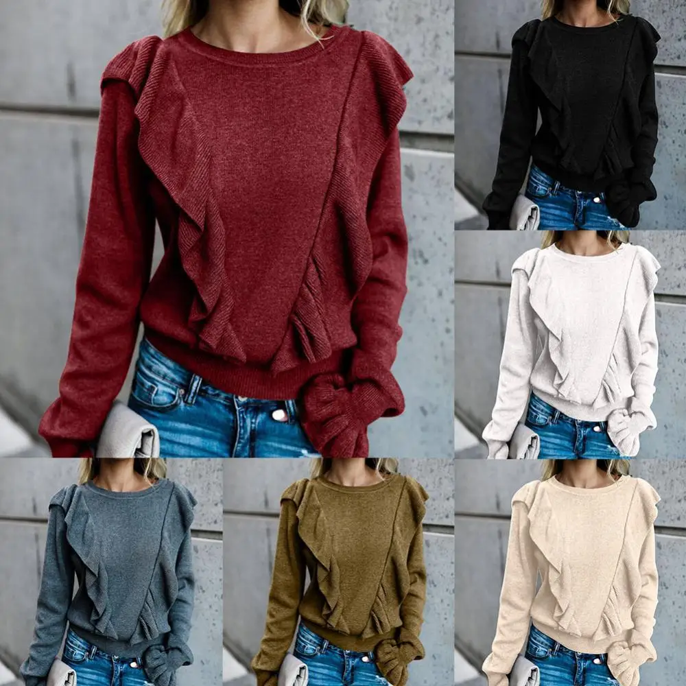 Women Sweater Elegant Ruffled Flare Sleeve O-Neck Sweater Solid Color Sweater Oversize Women's jumper Autumn 2021 Women clothes