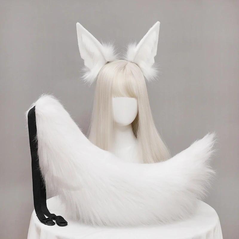 Faux Fur Animal Headbands Furry Animal Wolf Ears Headwear Tail Set Kawaii Hair Hoop for Halloween Cosplay Party Supplies