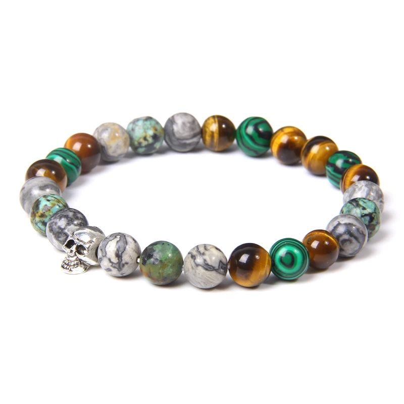Schädel Armbänder Für Männer Frauen Natürliche Stein Tigerauge Armband Malachit Labradorit 8MM Perlen Stretch Armreifen Punk Schmuck – Detail 7