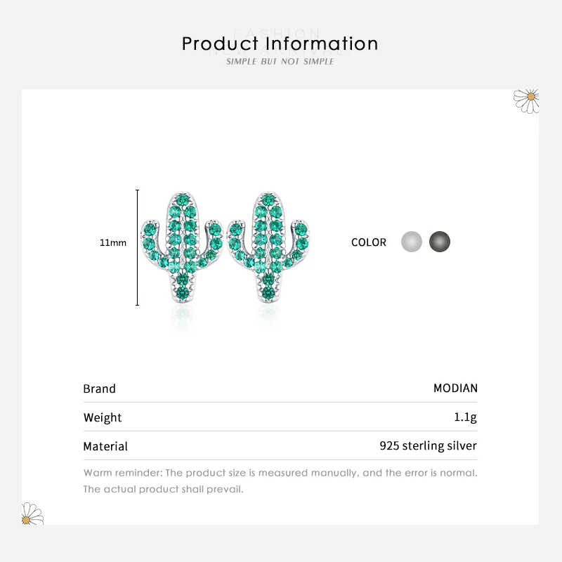 Modian 100% 925 Sterling Silver Plant Green Crystal Cactus Fashion Girls Stud Earrings For Women Clear Cubic Zircon Fine Jewelry