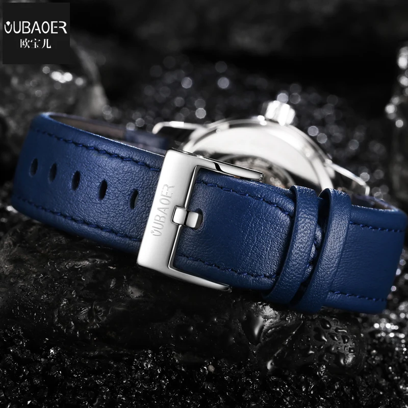 Imagem -05 - Oubaoer-relógios de Pulso de Couro Azul Masculino Relógio Mecânico Esqueleto Marca Superior Masculina Relógio Automático Moda Luxo