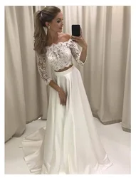 White Boho Wedding Dress Lace 3/4 Sleeves Satin Simple Princess Bride Dress 2 Sets Pieces Custom Made Wedding Gown 2020