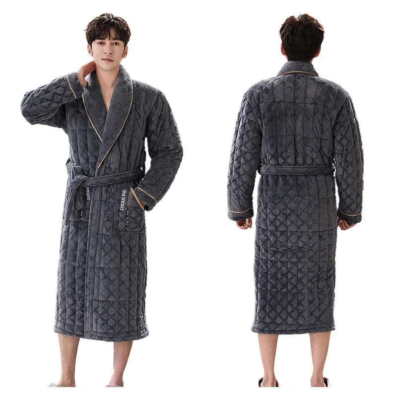 Albornoz de franela gruesa acolchada para hombre, bata de L-3XL de manga larga con letras de costura, ropa de dormir de invierno
