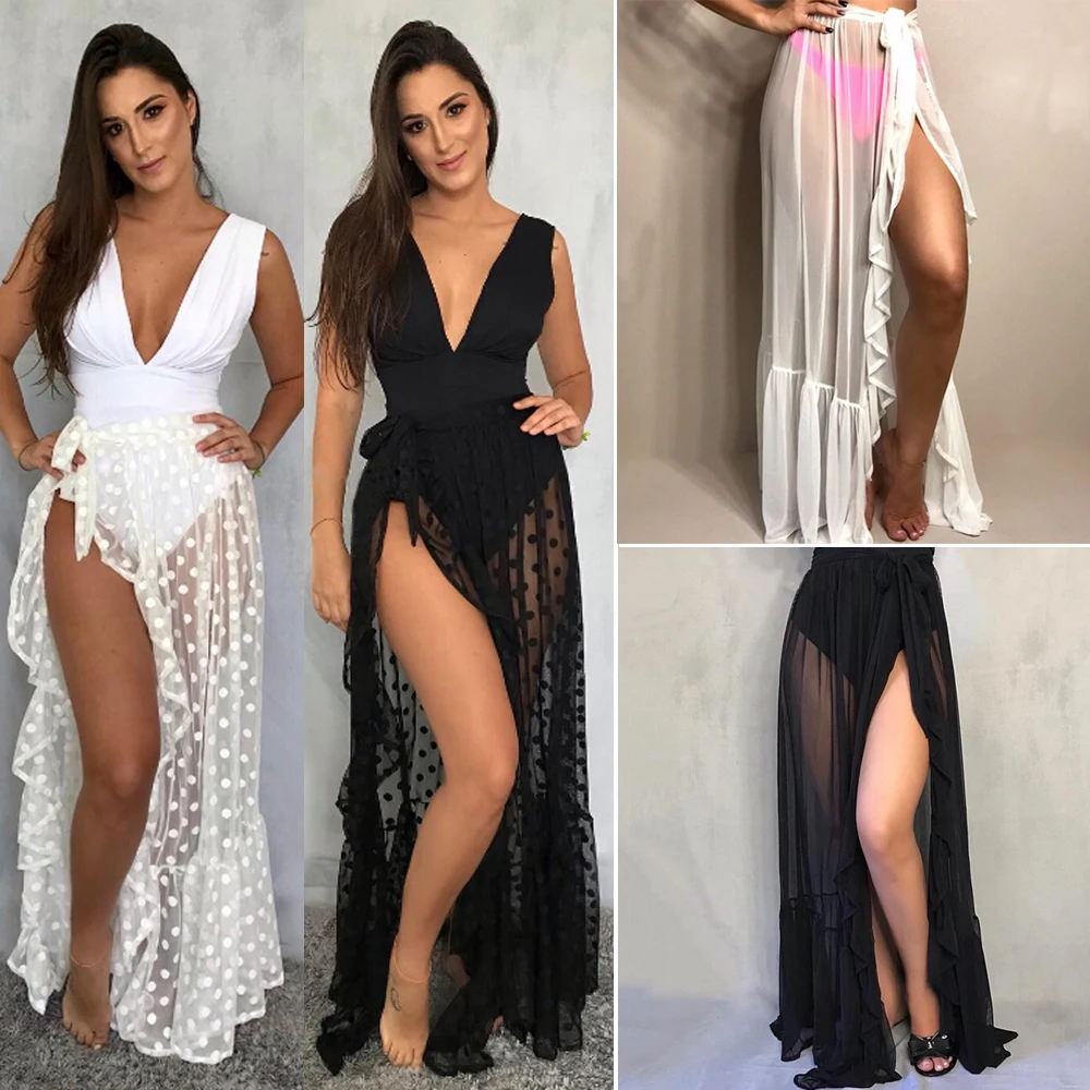 Hot Sexy Split Summer Sheer Sarong Dot Black White Beach Dress Bikini Cover-up Monokini Hawaii Vacation Bikini Wrap Skirt hot