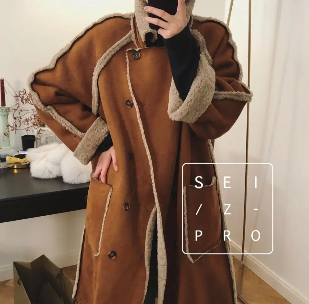 Female new winter lamb wool loose double-sided trench outerwear Korean style  warm and thicking loose fur coat