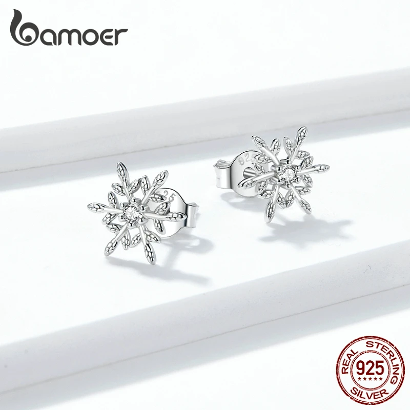 bamoer Authentic 925 Sterling Silver Romantic Snowflakes Earrings for Women Korean Style Fine Jewelry Moda Bijoux BSE424