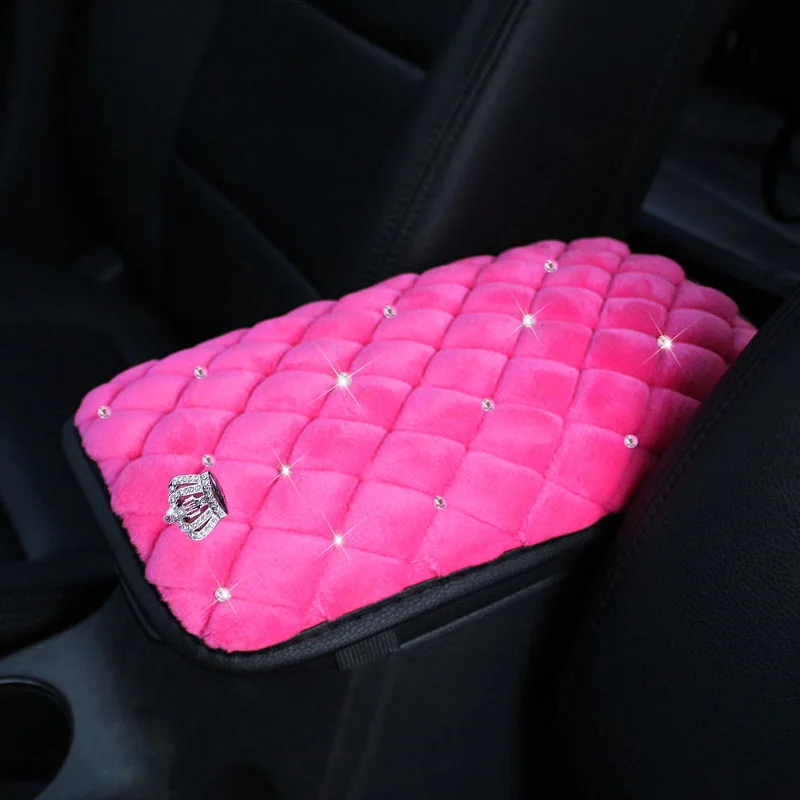 Women Pink Plush Car Neck Pillow Crystal Crown Auto Interior Headrest Seat Support Bone-Shaped Waist Pillows Car Accessories