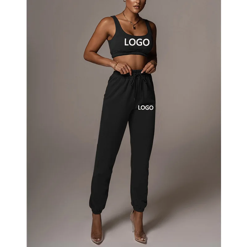 

Custom Logo Women Tracksuit Vest Crop Top and Pants 2 Piece Set Casual Sports Outfits Jogging Sweatpants for Woman Clothing 2021