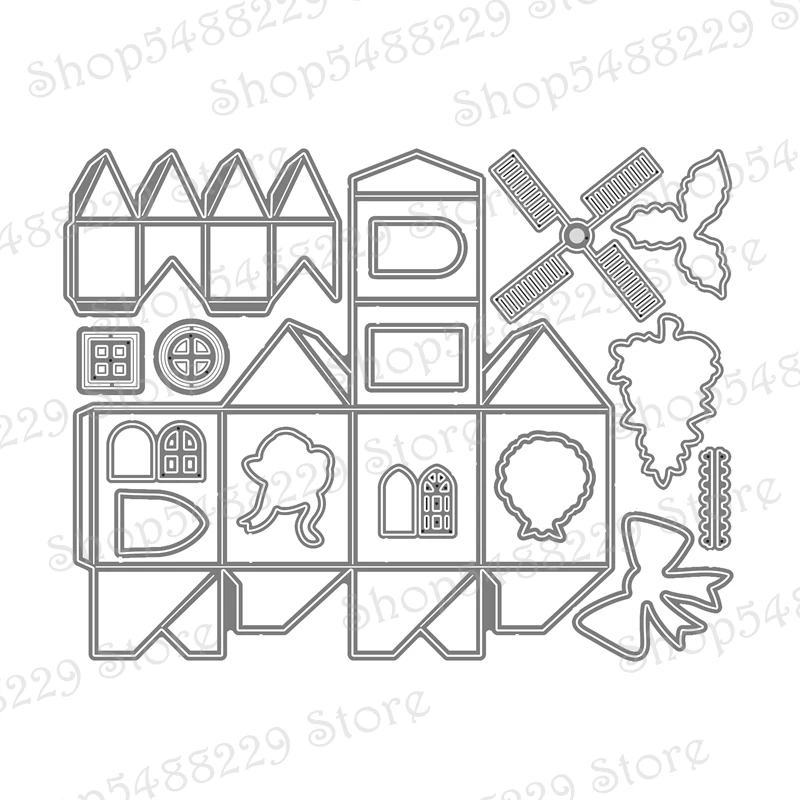 3D Metal Cutting Dies for 2021 New Scrapbooking For Paper Making Windmill Village Embossing Frame Card Craft Clear Stamps