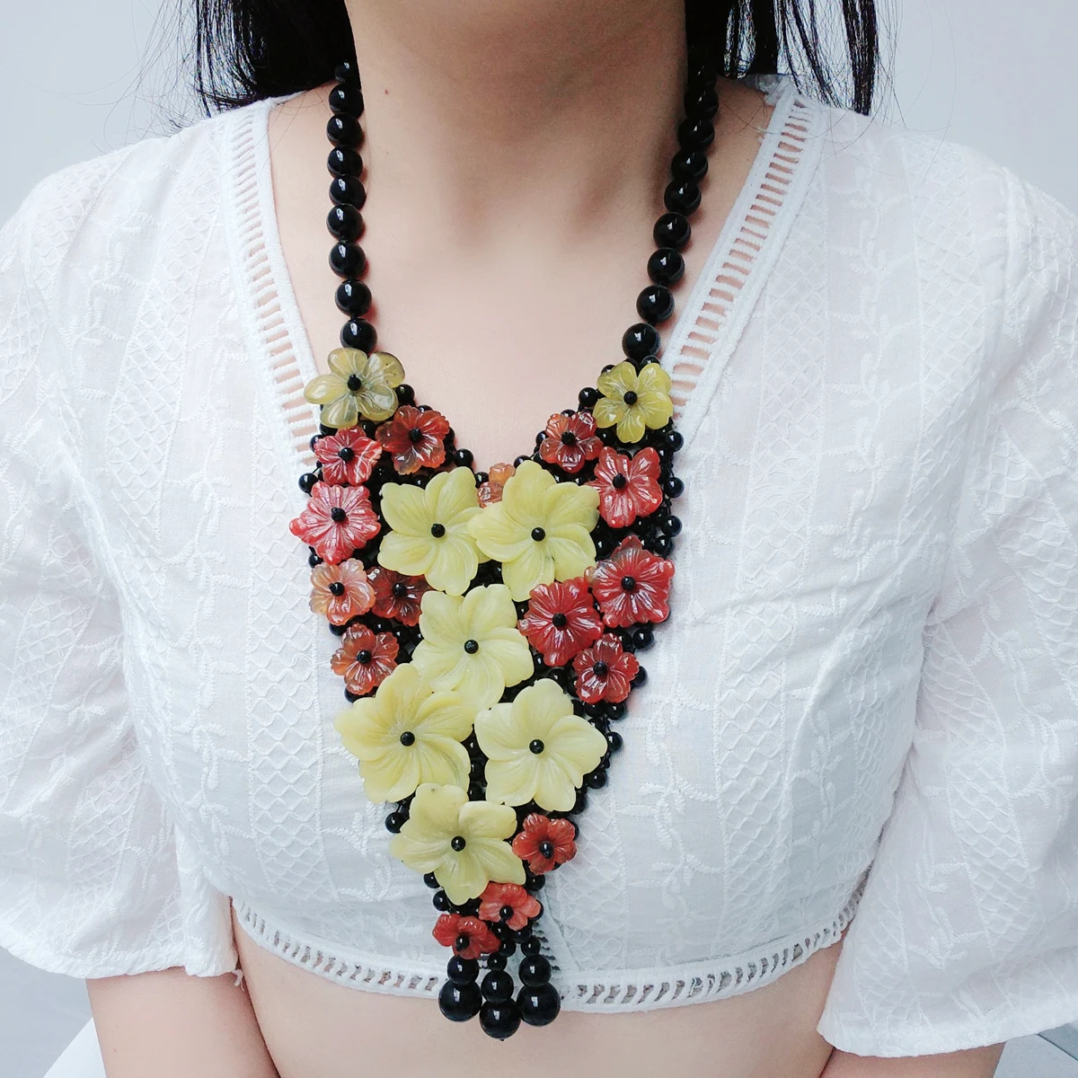 Lii Ji Women's 54cm Big Statement Necklace with Real Stones - Carnelian Lemon Jade Onyx for Jewelry Party Gift