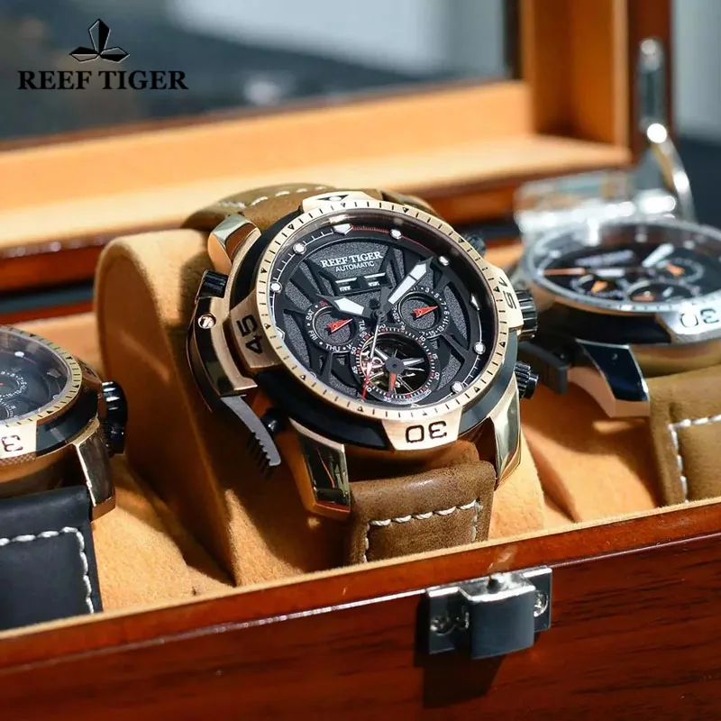 Reef Tiger/RT Genuine Leather Strap Mens Sport Mechanical Watches Complicated Dial Tourbillon Automatic Watches