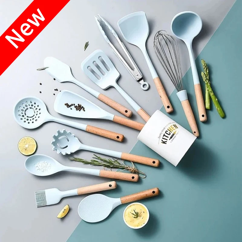 Silicone Kitchenware Utensils Non-stick Spatula Wooden Handle Cookware With Storage Box Ladle Egg Beaters Shovel Soup Spoon