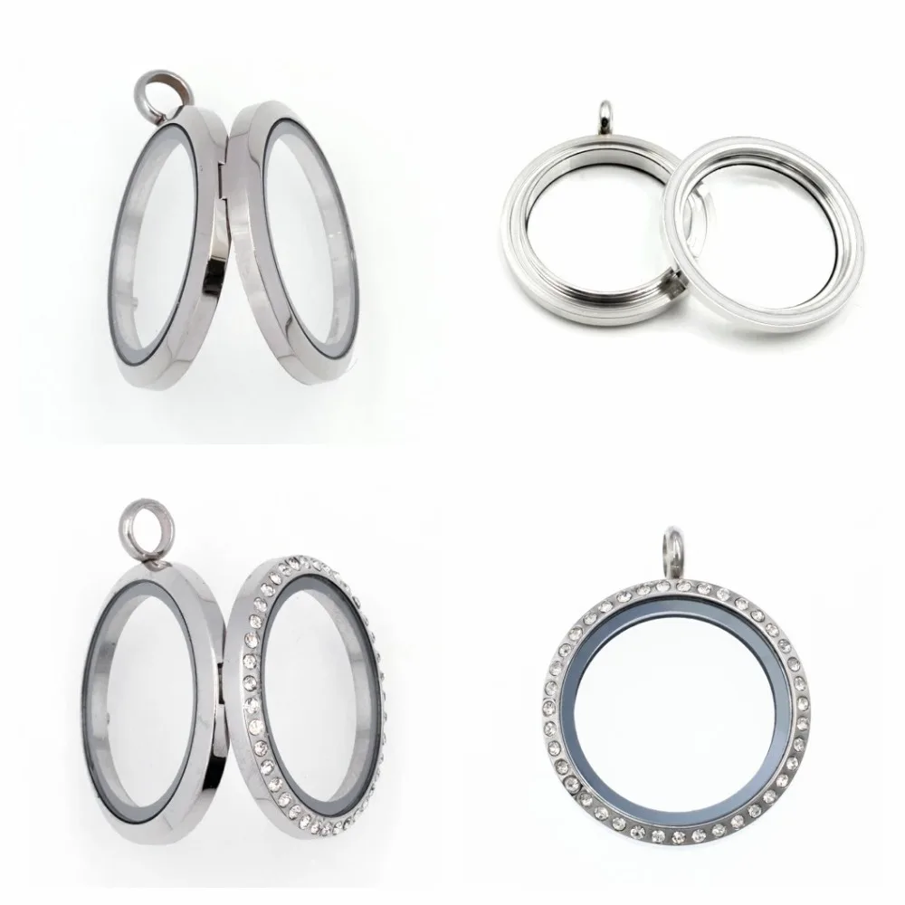 5PC/lot 20mm 25mm 30mm Memory charms Floating Locket Round medallion stainless steel Glass locket fit for necklace chains