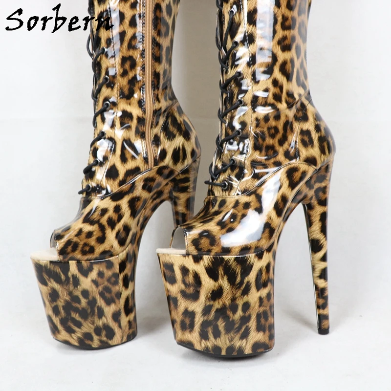 Sorbern Leopard Mid Thigh Boots Women Pole Dancing Shoes For Exotic Dancer Stripper 8 Inch High Heel Boots Open Toes Custom