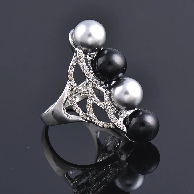 SINLEERY Black Acrylic Ball With Gray Simulated Pearl Long Rings For Women Silver Color Crystal Vintage Jewelry JZ168