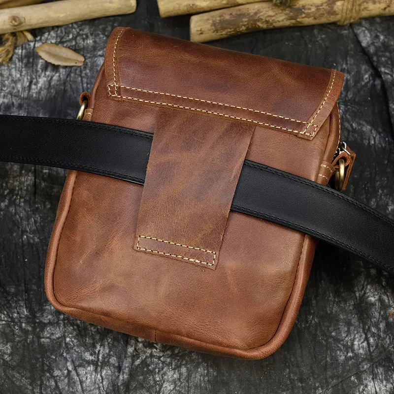 Sac banane en cuir de vachette véritable pour homme, petit sac messager, sac de taille marron, sac initié, 2 utilisations, cuir de vachette