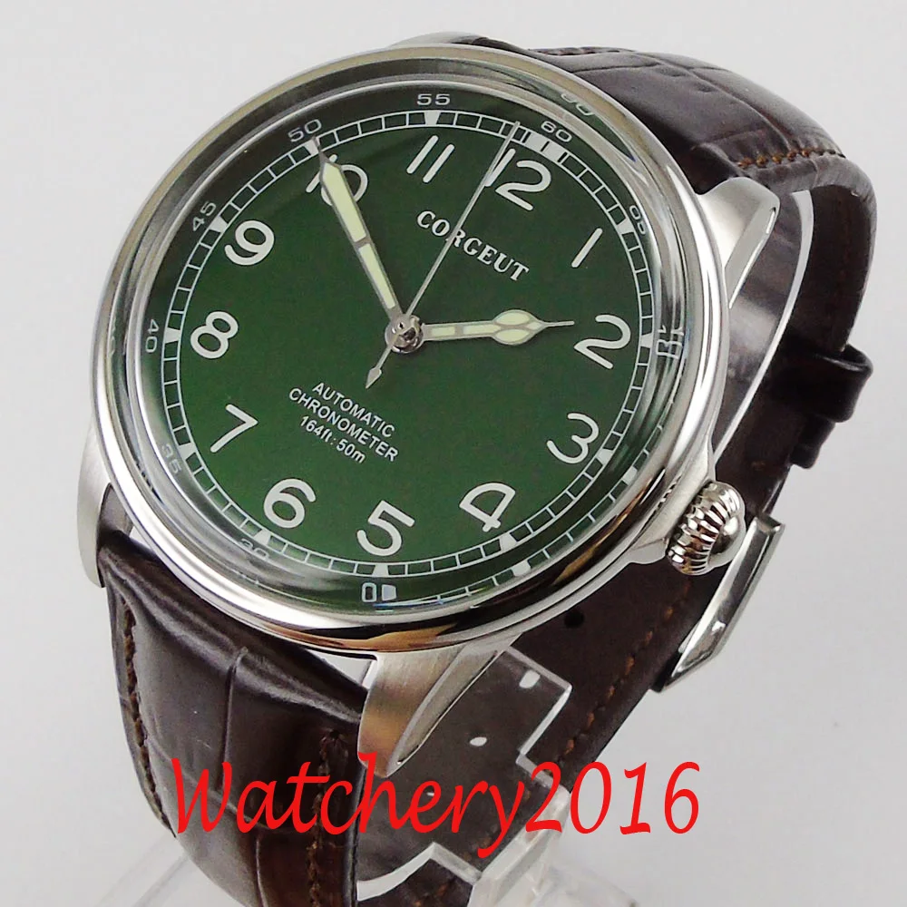 CORGEUT 41mm Green Dial Luminous Movement Automatic Mens Watch  Steel Case Leather strap