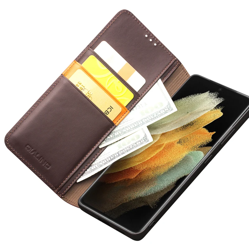 QIALINO Genuine Leather Bag Phone Case for Samsung S21+ Plus 5G Business Style Fashion Luxury Card Slots Flip Cover for S21Ultra