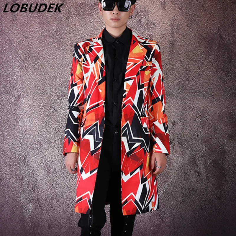 Bar Nightclub Stage Concert Male Singer Customized Blazer Geometric Pattern Long Coat Hip Hop Stage Costume