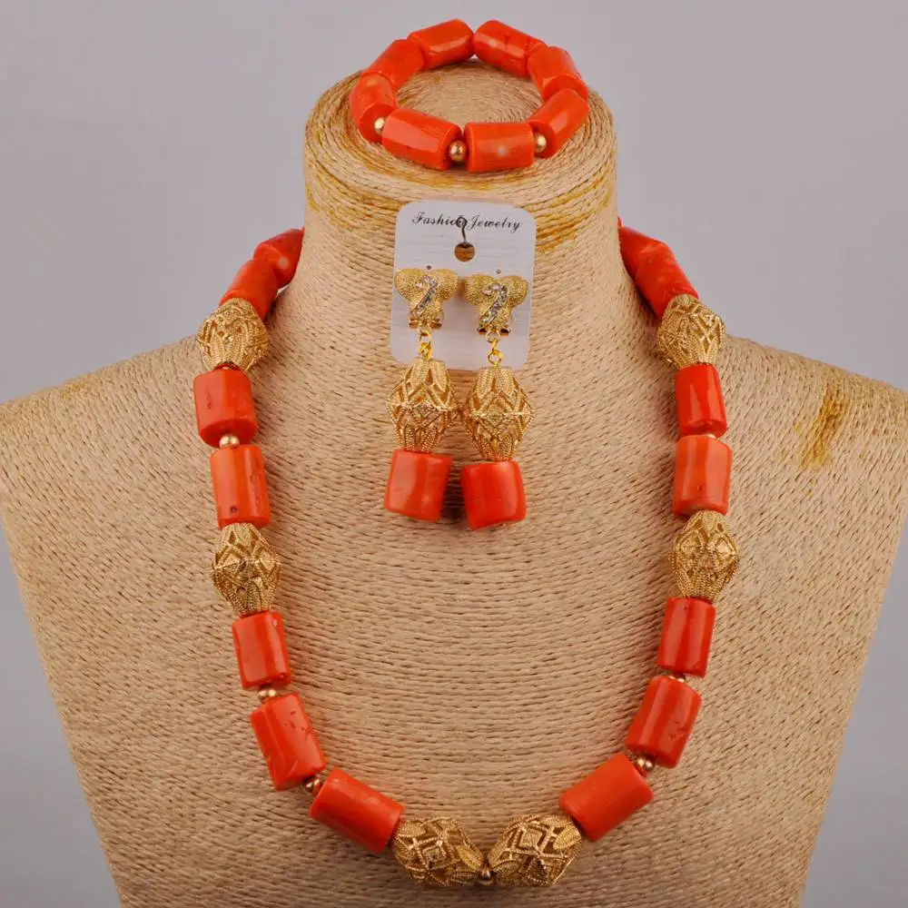 

Simple Orange Natural Coral Necklace Bridal Wedding Jewelry Nigeria Wedding African Female Banquet Dress Accessories Set AU-647