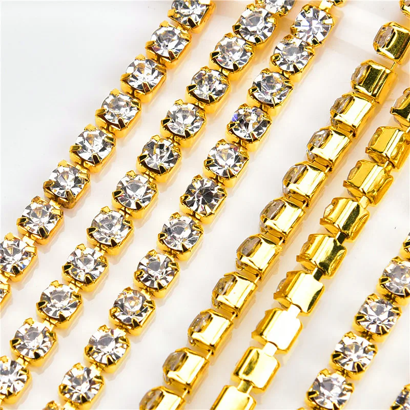 10Yards/Roll Clear Crystal Diamond Chains SS6-SS28(2Mm-6Mm) Silver/Gold Base Rhinestone Chain Apparel Sew DIY Beauty Accessories