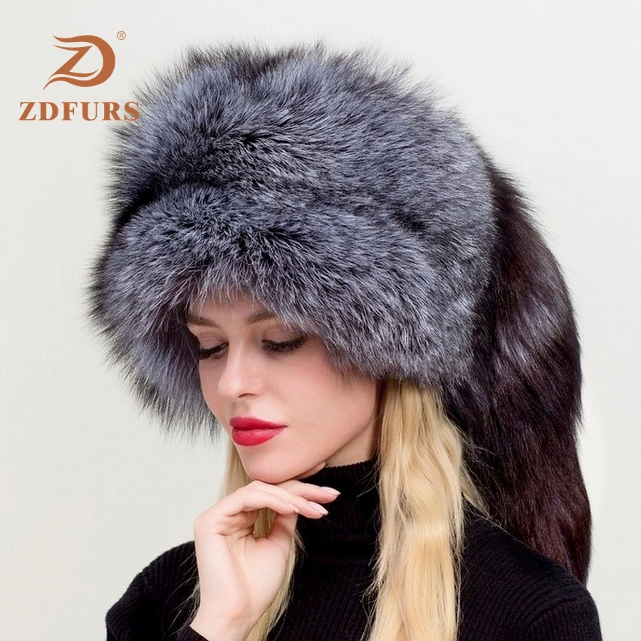 ZDFURS * Women's Russian Ushanka Aviator trapper  fox Fur Bombers Hat real fox fur hats dome mongolian hat