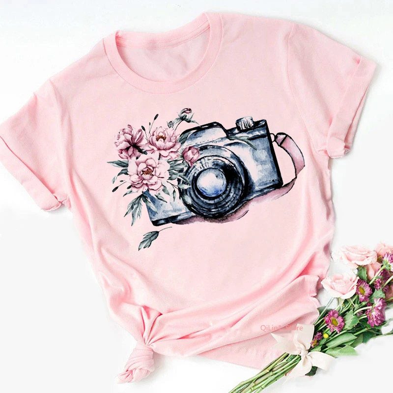 

Women's Clothes 2024 Summer Vintage Floral Camera Print Tee Shirt Femme Cute Pink Tshirt Lady Pink Top Student Casual T Shirt