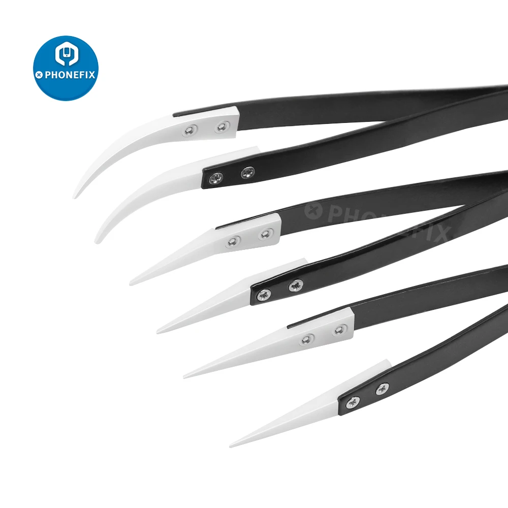 Anti-Static Ceramic Tweezers Electronic Cigarette Industrial Tweezers Insulated Straight Curved Tip for BGA SMD PCB IC Repair