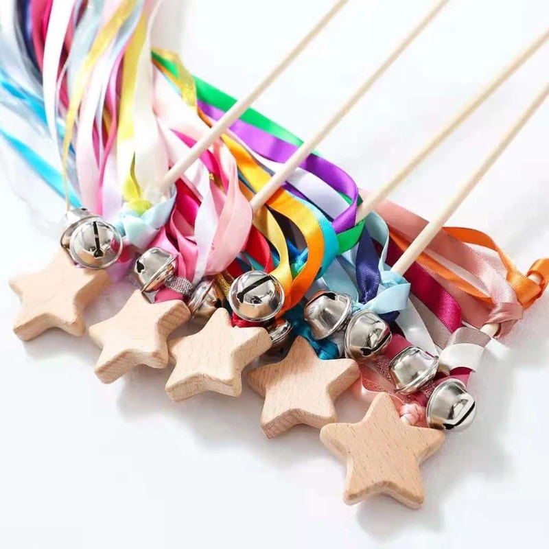 Rainbow Hand Bells Kite Ribbon Streamer Wand with Jingle Bells Montessori Sensory Rainbow Ribbon Baby Rattle Educational Toy