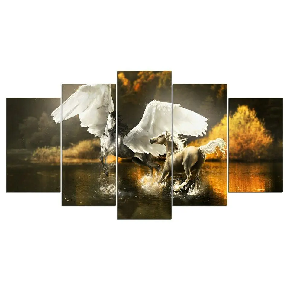 

5 Pcs White Epic Horses with Wings Canvas Pictures Print Wall Art Canvas Paintings Wall Decorations for Living Room Unframe