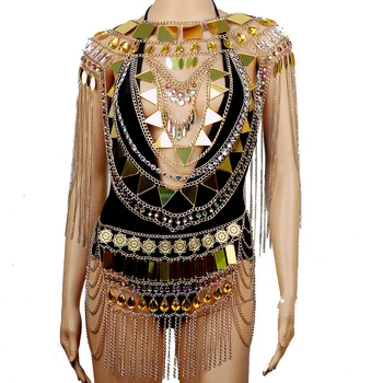 New large crystal full body chain jewelry Halloween Carnival costume chest chain shoulder necklace Rave outfits hollow out skirt