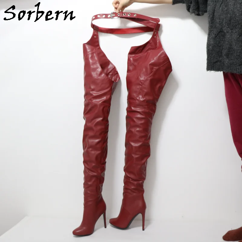 Sorbern Wide Crotch Thigh High Boots With Waist Belt Pointed Toe High Heel Long Boots Custom Shoes For Crossdresser Drag Queen