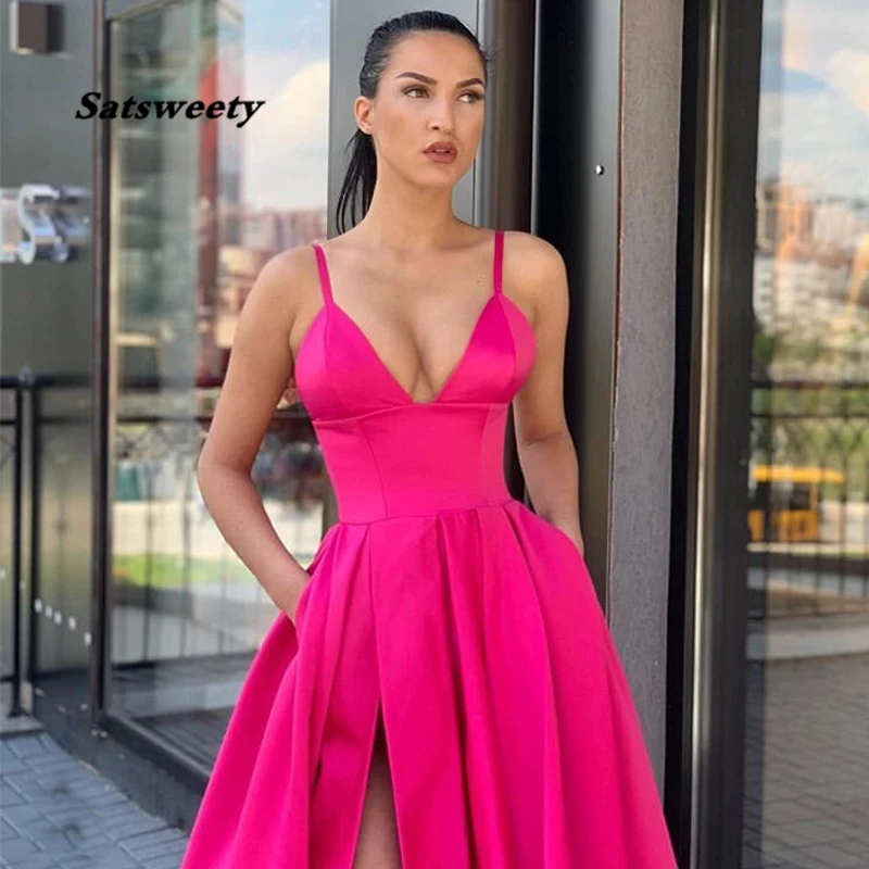 Vestido de fiesta Formal de satén fucsia con cuello en V y bolsillos, vestido largo y sencillo con abertura frontal y tirantes finos, Sexy, 2024