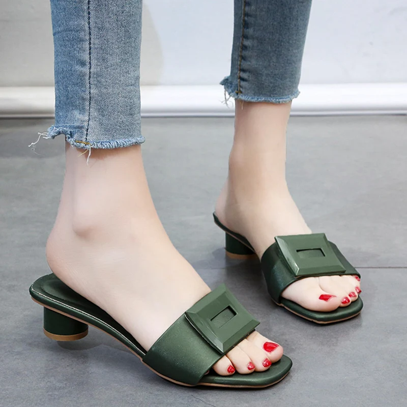 2023 Yellow Green Slides Women 3cm High Heels Slippers Buckle Mules Fetish Summer Sandals Girls Low Block Heels Outdoor Shoes