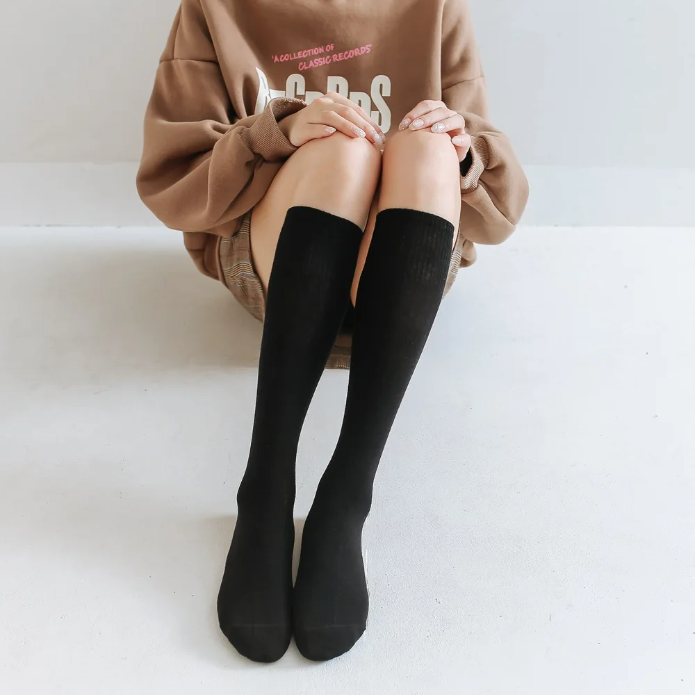 Cotton Woman Stockings Long Socks Solid Color Black White Thigh High Stockings Japan Style School Students Girl Lower Knee Socks