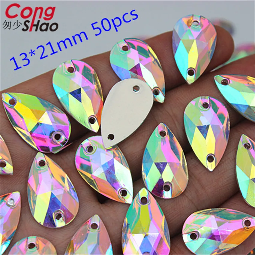 Cong Shao 50-200pcs 6*12/7*12mm Drop Shape Crystals AB Rhinestone Flatback Sewing 2 Hole Stones Resin For DIY Wedding Dress WC66