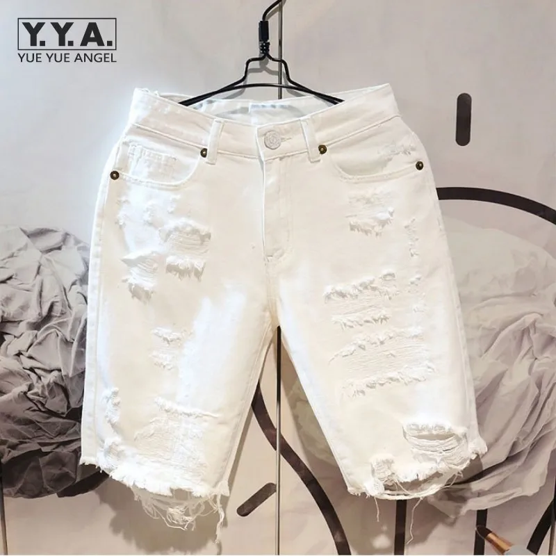 Summer Mens Straight White Denim Shorts Distressed Hole Tassel Slim Fit Knee Length Trousers High Street Male Casual Shorts