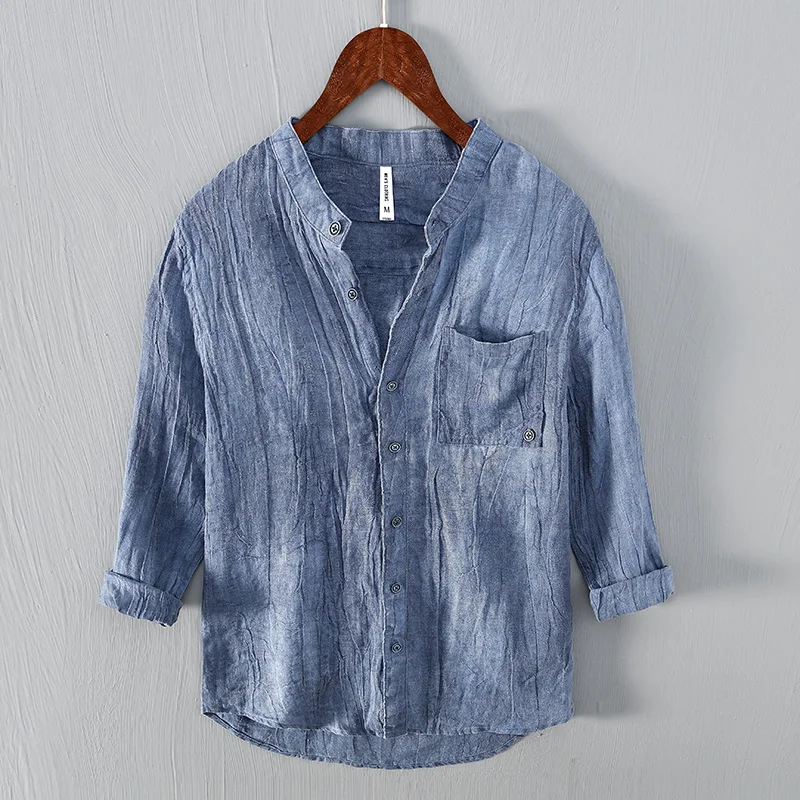 

100% Linen three-quarter sleeve stand collar summer blue shirt men solid comfortable flax shirts for men tops chemise camisa