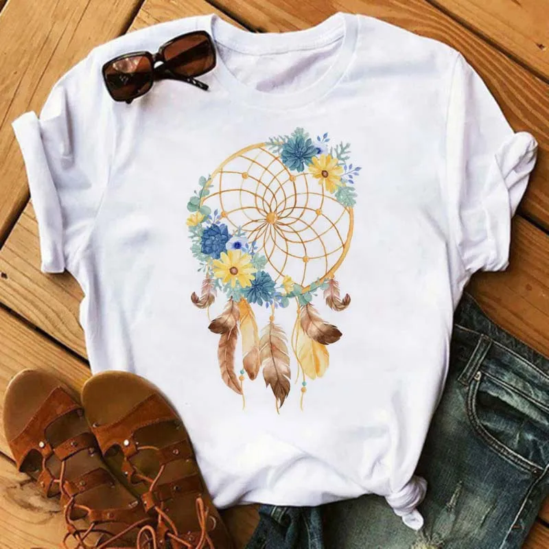 Maycaur Women Summer Short Sleeve Dreamcatcher Feather Fashion Print Lady T-shirts Top T Shirt Ladies Womens Graphic Tee T-Shirt