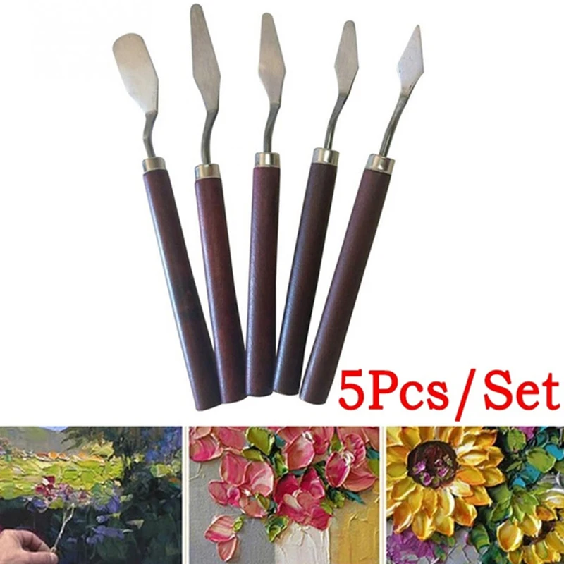 5pcs Painting Knife Wooden Handle Stainless Steel Spatula Kit Palette Knife For Oil Painting Knife Fine Professional Art Tools