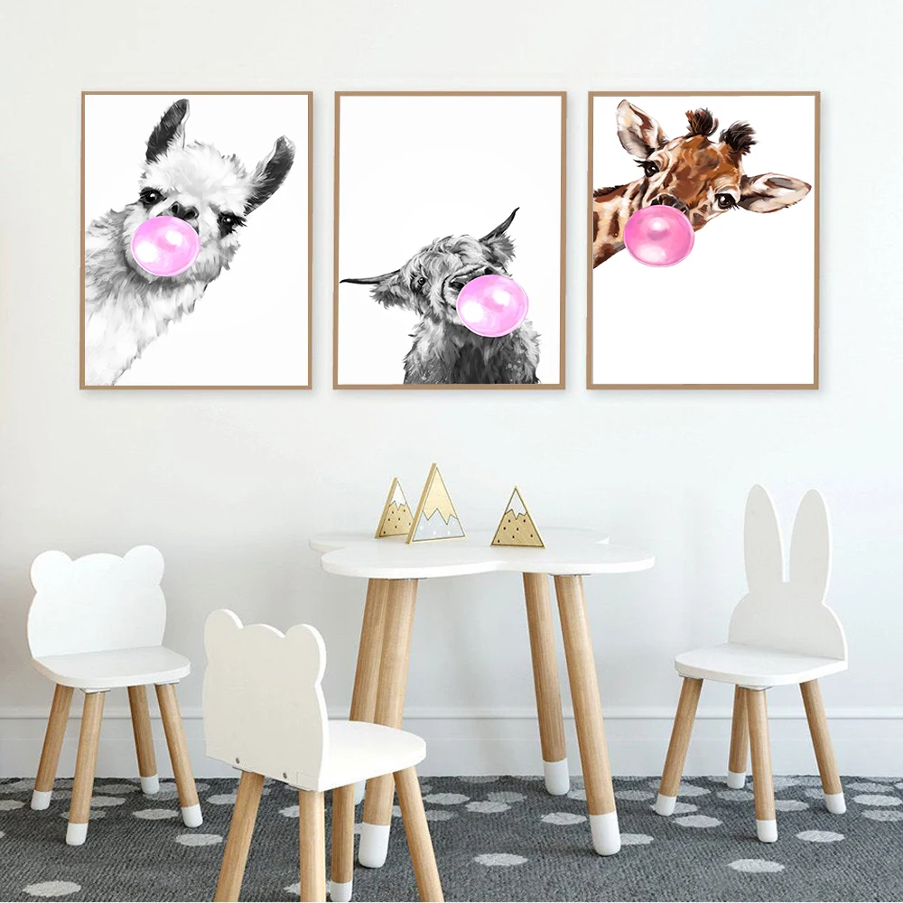 

Llama Print Bubble Gum Wall Art Highland Cow Giraffe Canvas Art Painting Animal Wall Picture Nursery Kid Room Decor Funny Poster