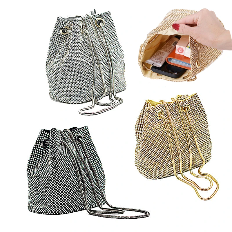 Luxury Rhinestone Women Drawstring Evening Bag Large Capacity Female Party Purse Bucket Tote Bag Dinner Wedding Clutch Handbag