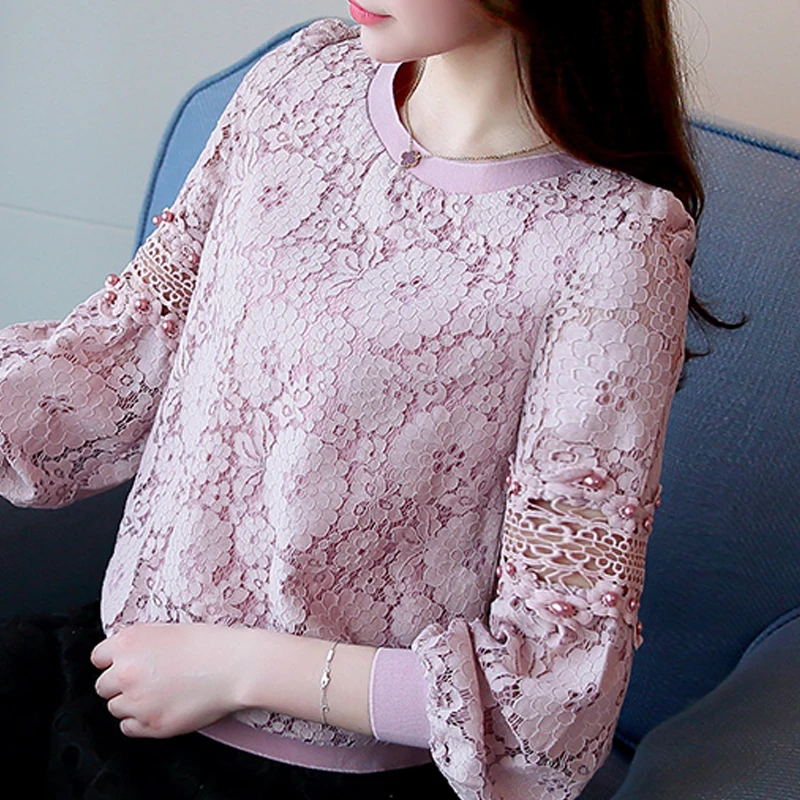 

Blusas Blouses Femme Top Long Sleeve Blouse Women Blusas Mujer De Moda 2024 O-Neck Beading Lace Blouse Shirt Tops Women E720