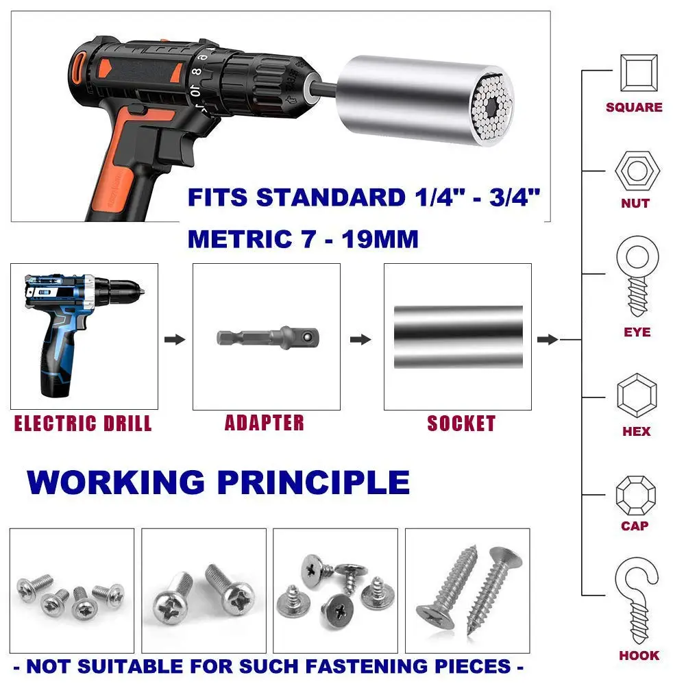 7-19mm 9-27mm 11-32mm Multifunctional Universal Socket Magic Connecting Wrench Grip Power Drill Adapter Nut Bolt Sleeve Tool